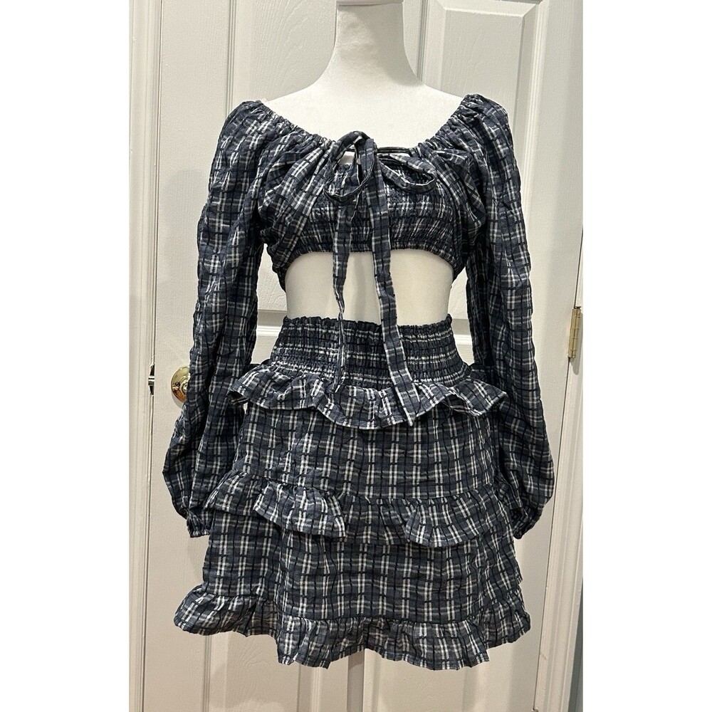 Illa Illa 2 Piece Skirt And Crop Top Set Navy Gingham Size S
